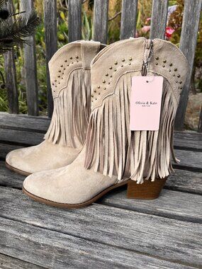 Olivia & Kate Tan Suede New Western French Boots, Size: 8 1/2